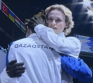 Ilia Malinin congratulating Men's Figure Skater Champion, Mikhail Shaidorov of Kazakhstan., right after Ilia himself had just lost the expected by everyone in the world Gold Medal. Photo by Karen Salkin.